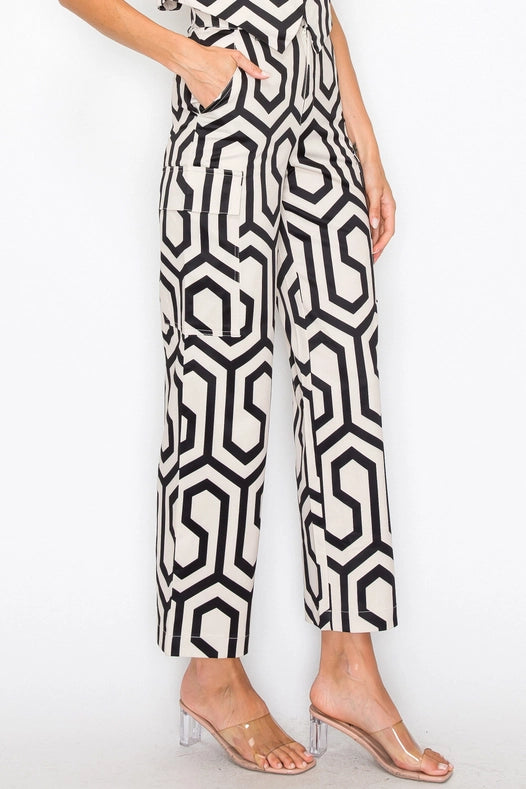 Geo Chic Pocketed Belted Pants-Pants-One n' More Inc.-S-TAUPE/BLACK-Urbanheer