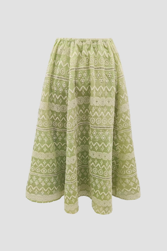 Geo Eyelet Waist Tie Midi Skirt-Skirts-Moon River-XS-SAGE-Urbanheer