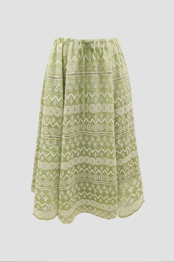 Geo Eyelet Waist Tie Midi Skirt-Skirts-Moon River-XS-SAGE-Urbanheer