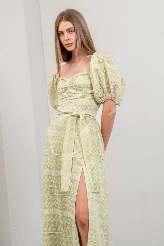 Geo Pattern Puff Sleeve Midi Dress-Dress-Moon River-XS-SAGE-Urbanheer