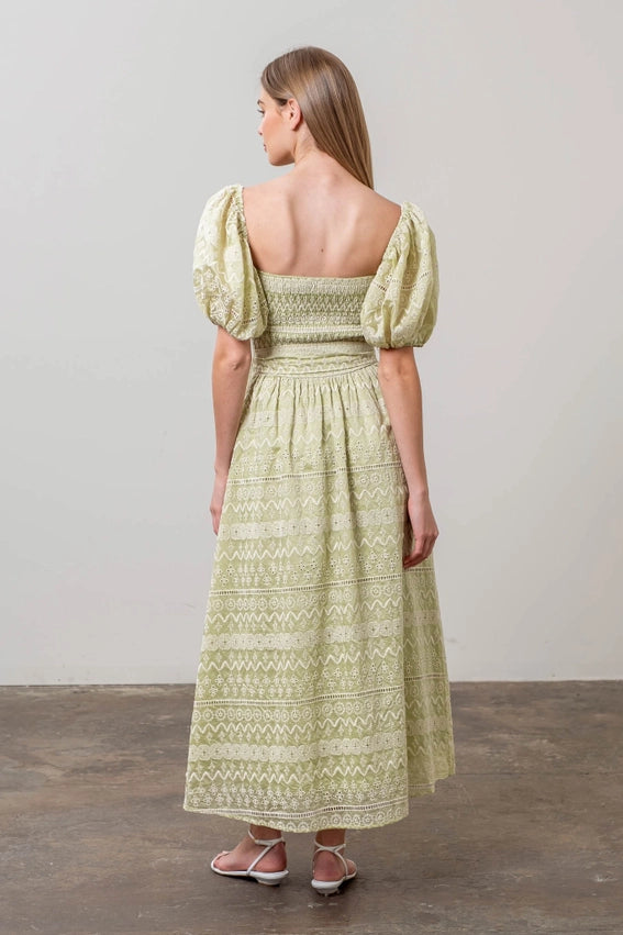 Geo Pattern Puff Sleeve Midi Dress-Dress-Moon River-XS-SAGE-Urbanheer