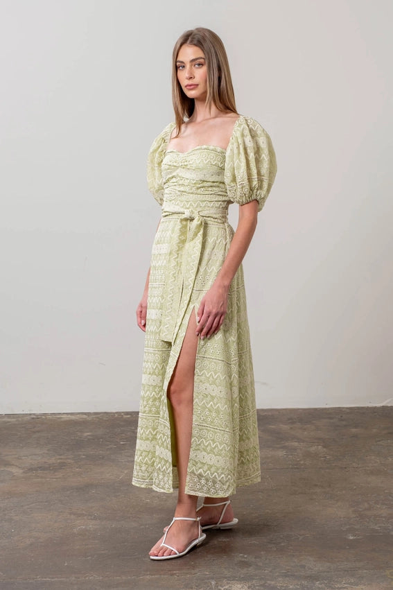 Geo Pattern Puff Sleeve Midi Dress-Dress-Moon River-XS-SAGE-Urbanheer