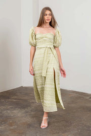 Geo Pattern Puff Sleeve Midi Dress-Dress-Moon River-XS-SAGE-Urbanheer