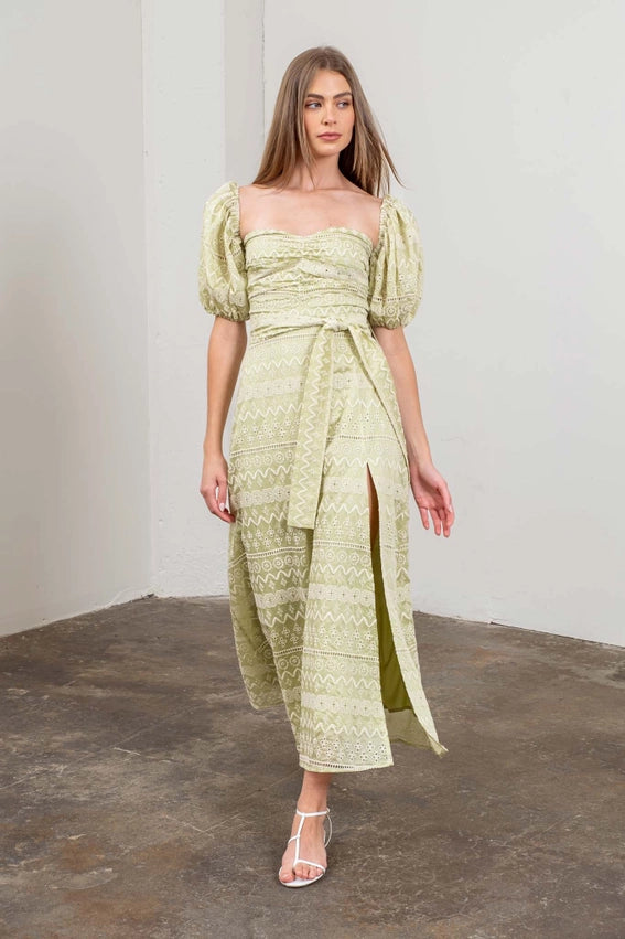 Geo Pattern Puff Sleeve Midi Dress-Dress-Moon River-XS-SAGE-Urbanheer