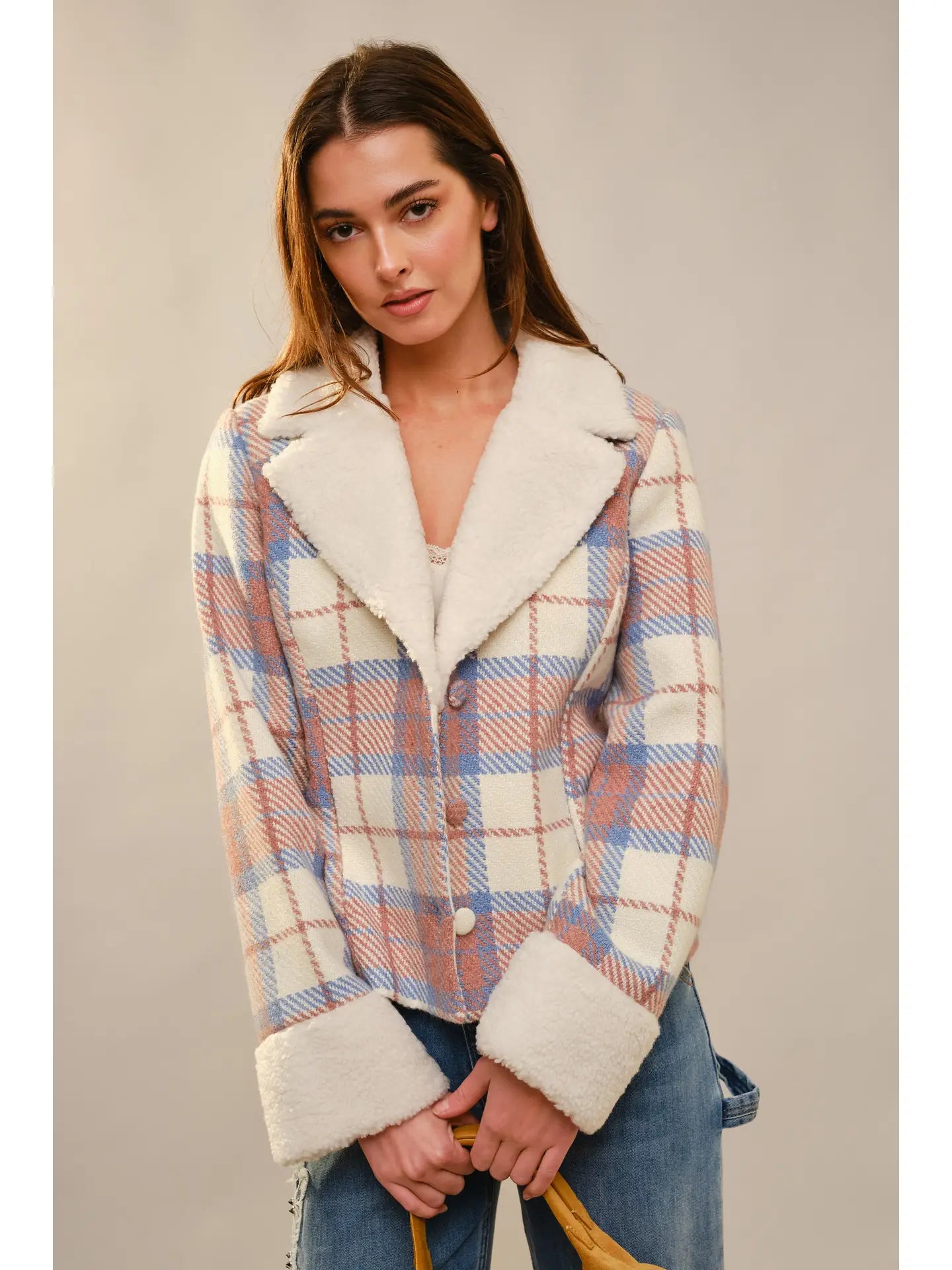 Geometric Print Fur Collar Jacket