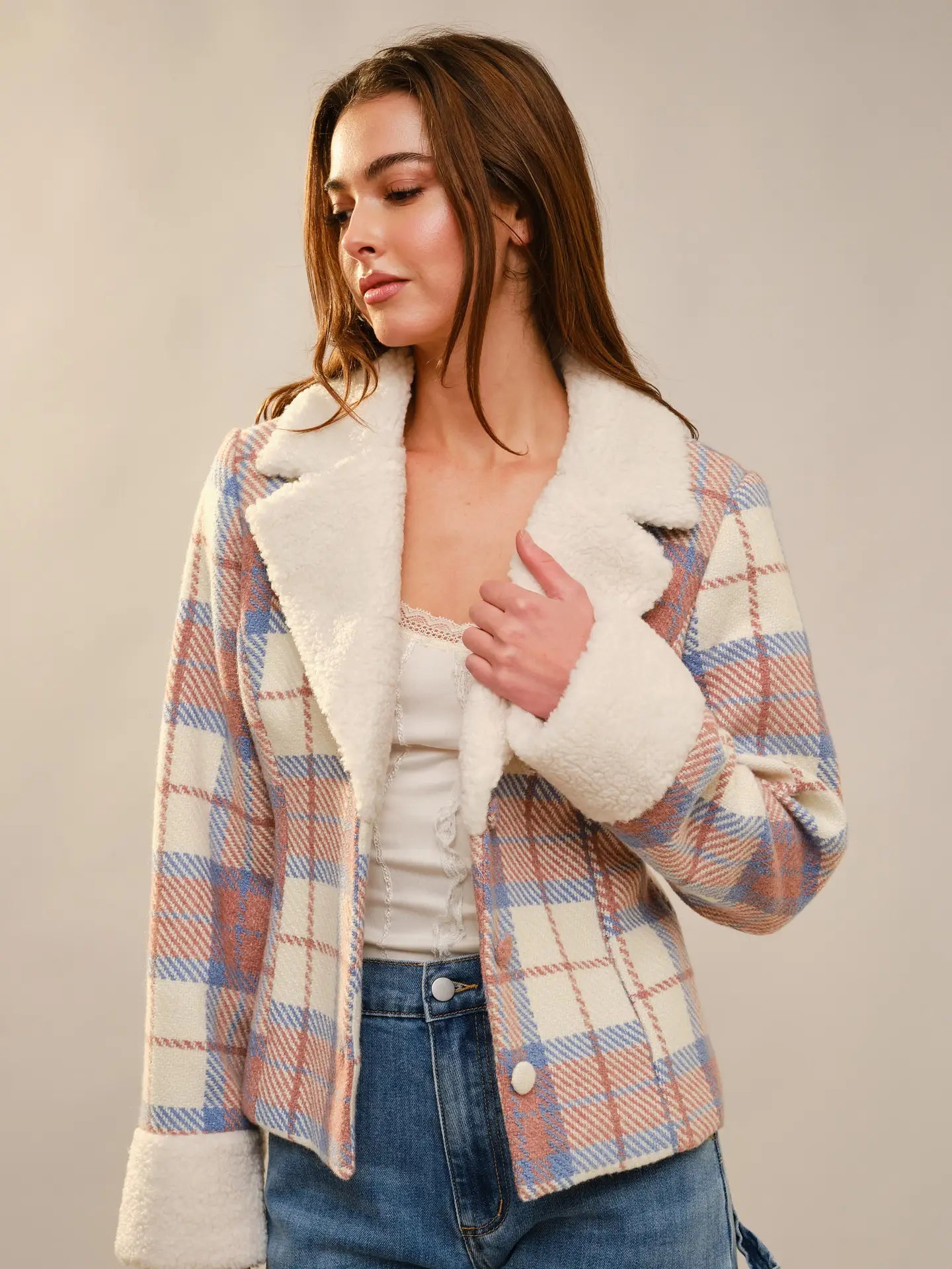 Geometric Print Fur Collar Jacket