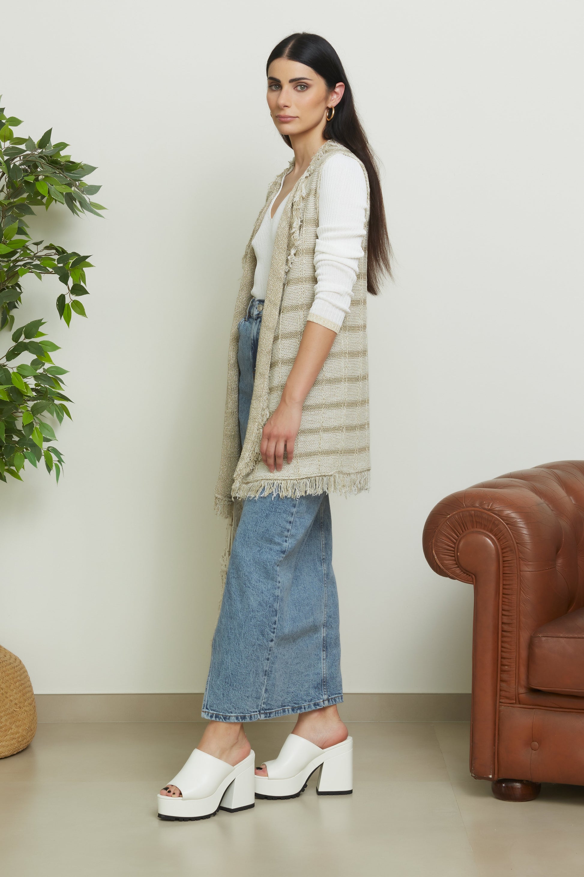 Gilet Lungo Con Inserti In Lurex - Oriana-CARDIGAN-Tenné-S-ORO-Urbanheer