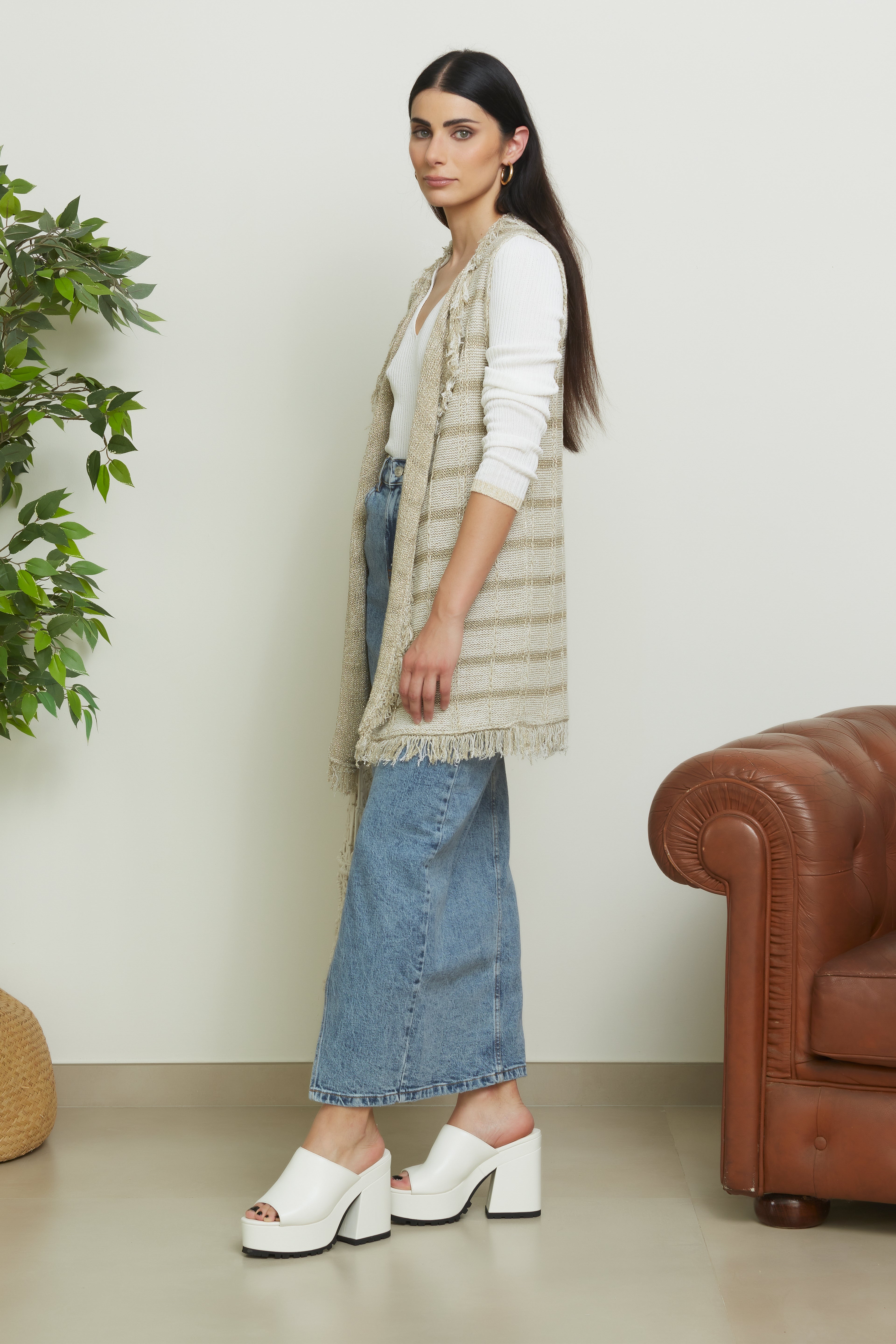 Gilet Lungo Con Inserti In Lurex - Oriana-CARDIGAN-Tenné-S-ORO-Urbanheer