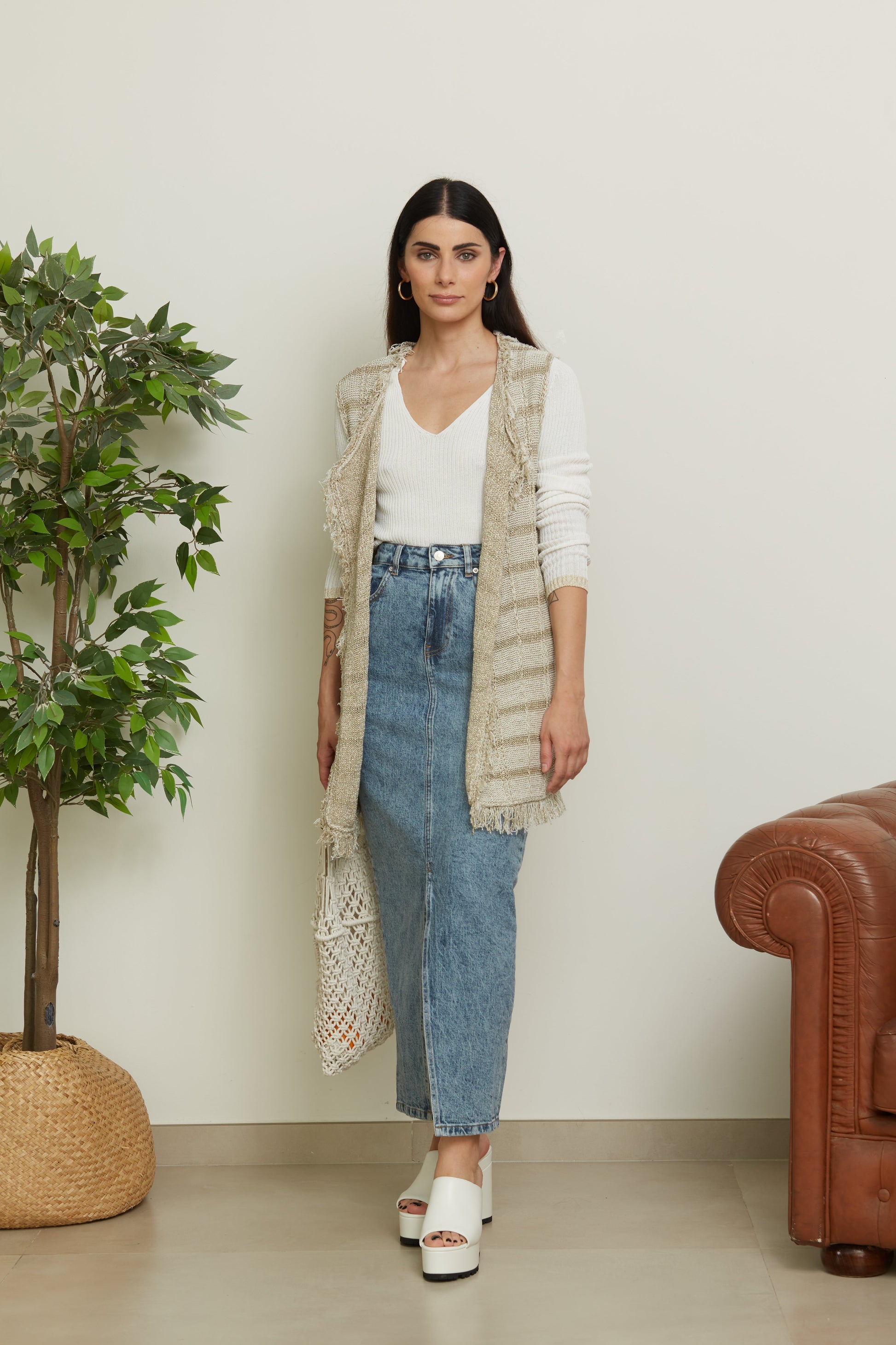 Gilet Lungo Con Inserti In Lurex - Oriana-CARDIGAN-Tenné-S-ORO-Urbanheer