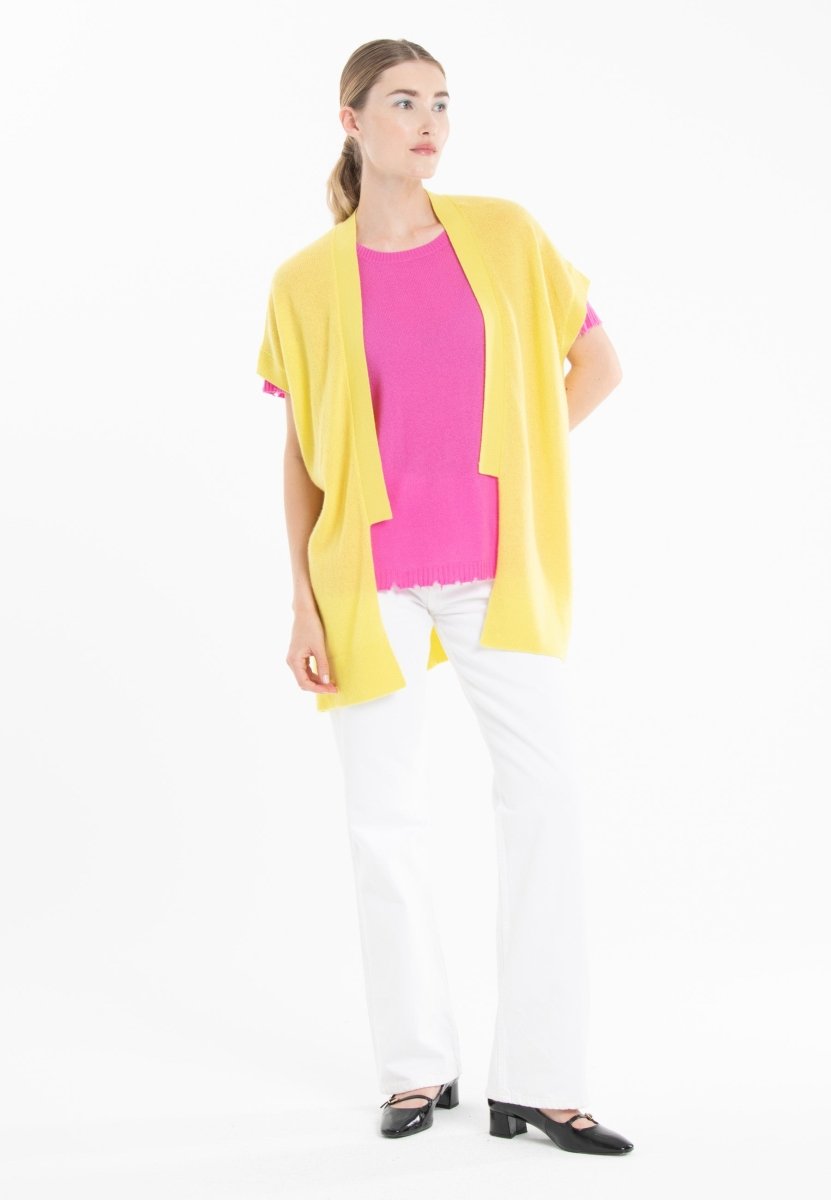 Gilet à manches courtes en cachemire jaune fluo femme - RIA 4-kimono femme-Studio Cashmere8-S-M-SC8-01087-jaune fluo-Urbanheer
