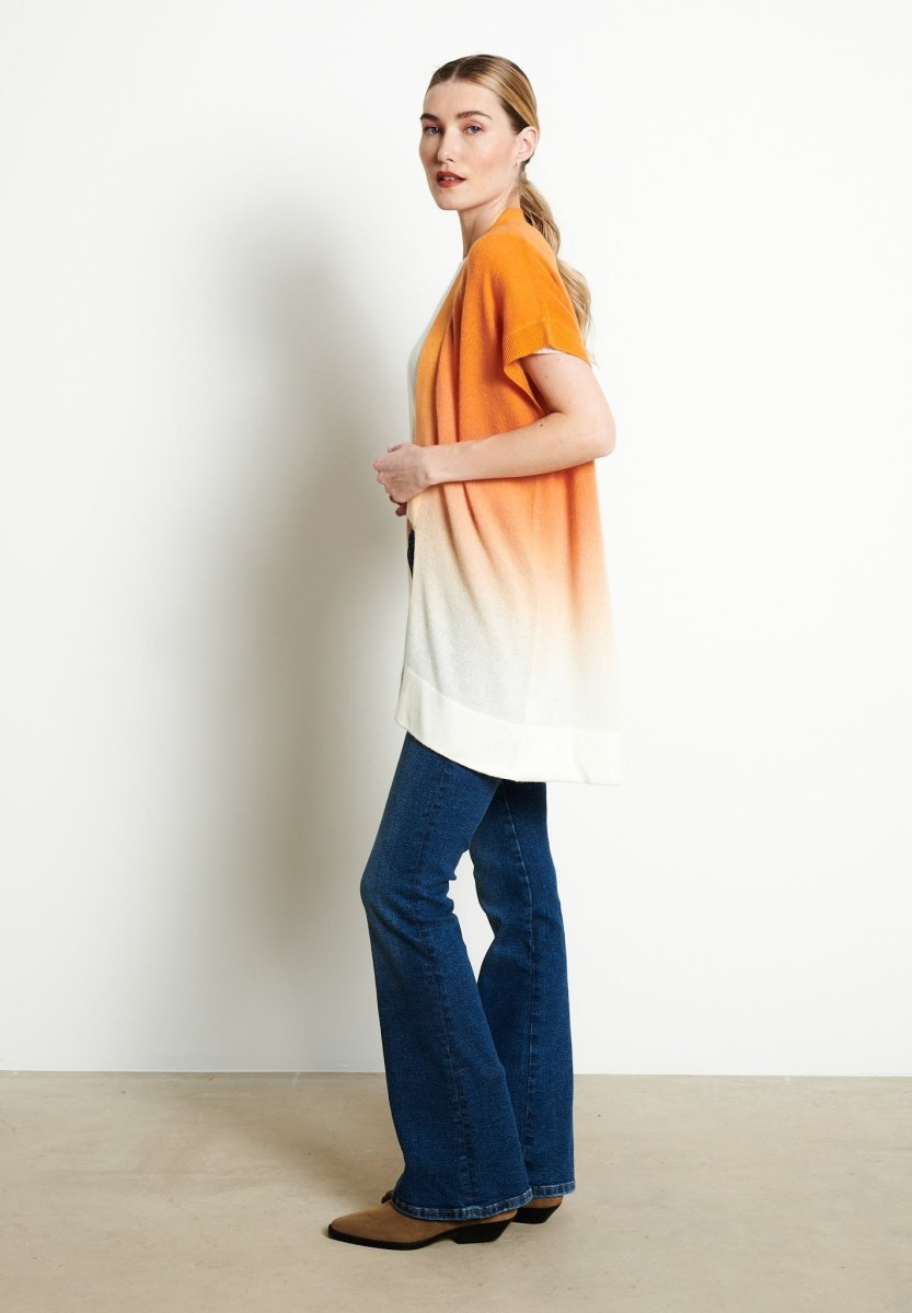 Gilet à manches courtes femme en cachemire déjaugé tye & dye blanc écru & orange - AVA 11A-1