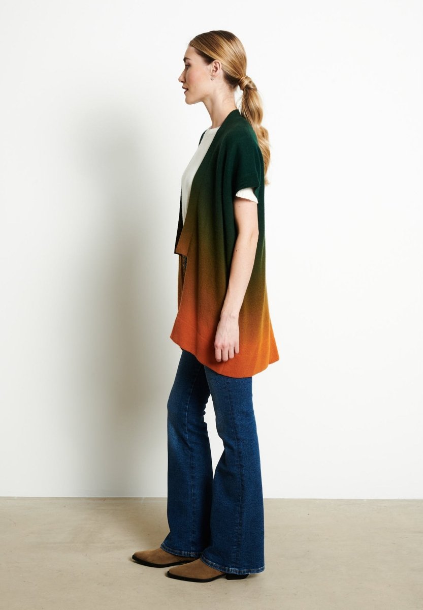 Gilet à manches courtes femme en cachemire déjaugé tye & dye orange & bleu - AVA 11A-1