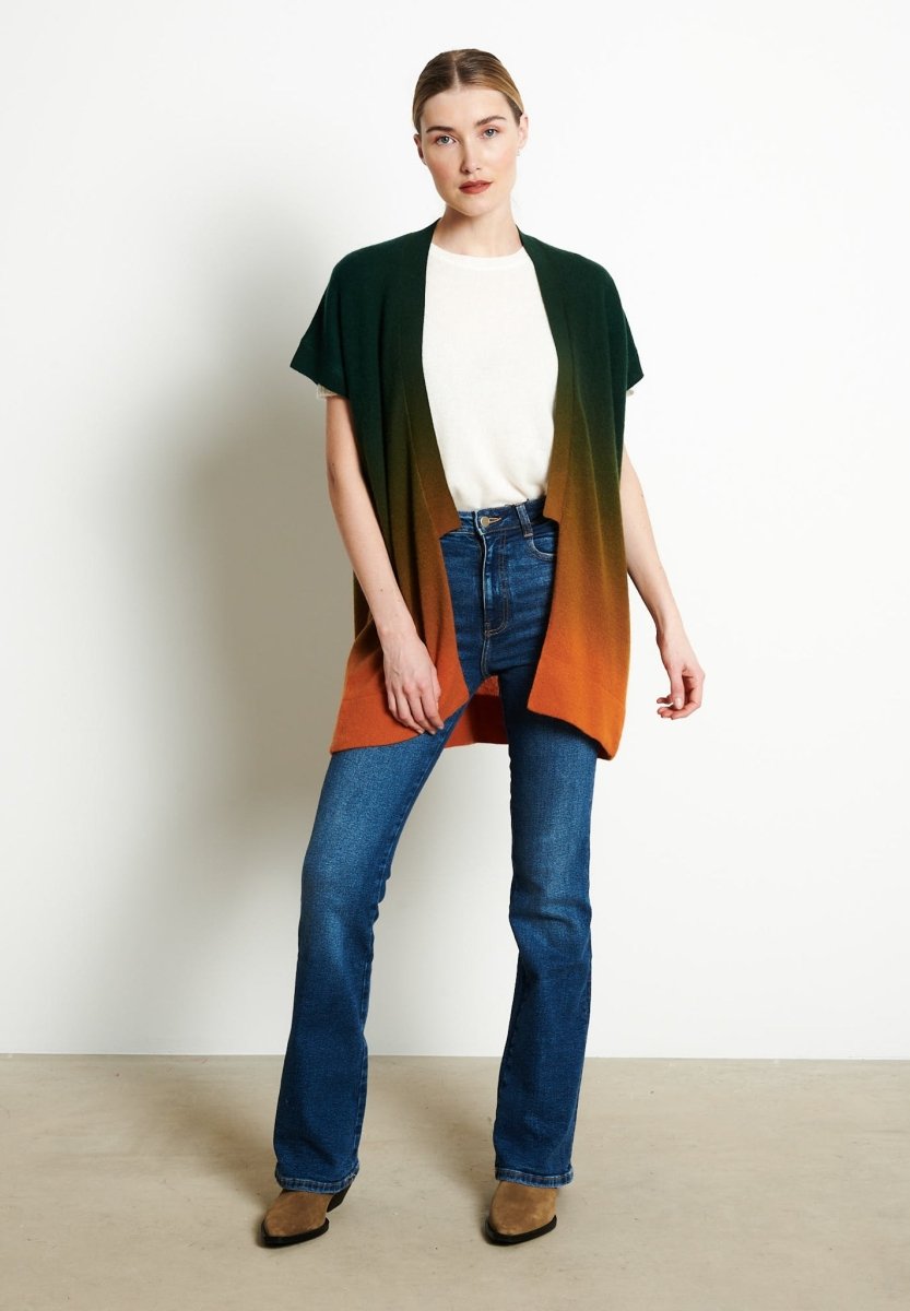 Gilet à manches courtes femme en cachemire déjaugé tye & dye orange & bleu - AVA 11A-2