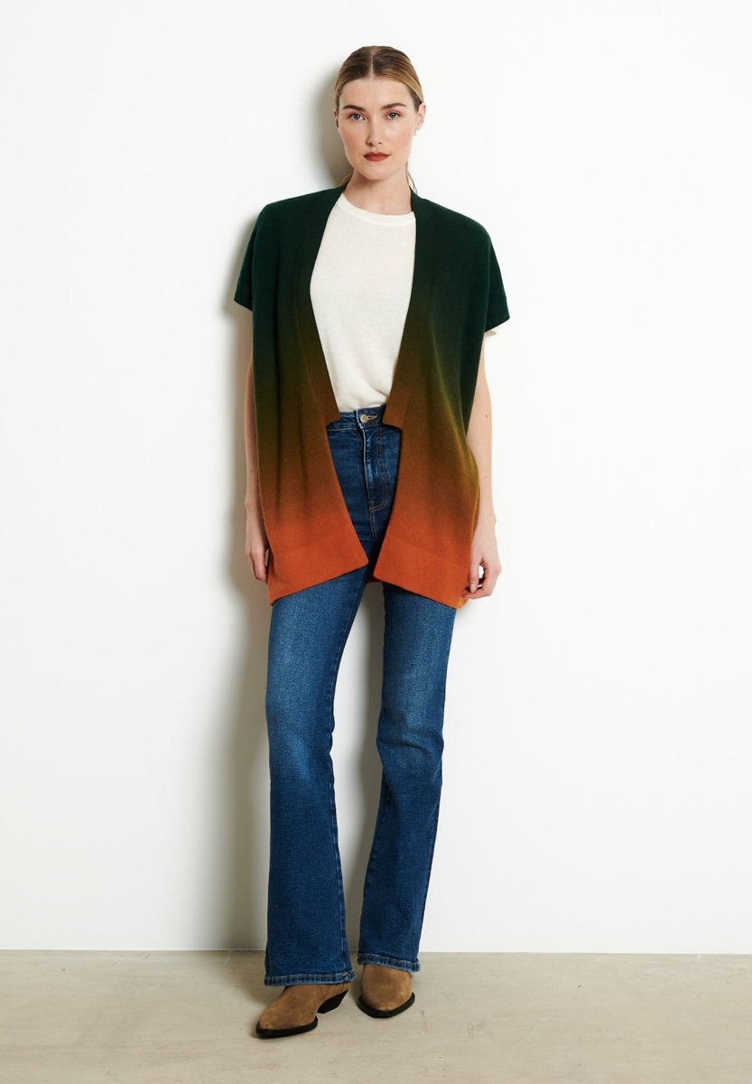 Gilet à manches courtes femme en cachemire déjaugé tye & dye orange & bleu - AVA 11A-4