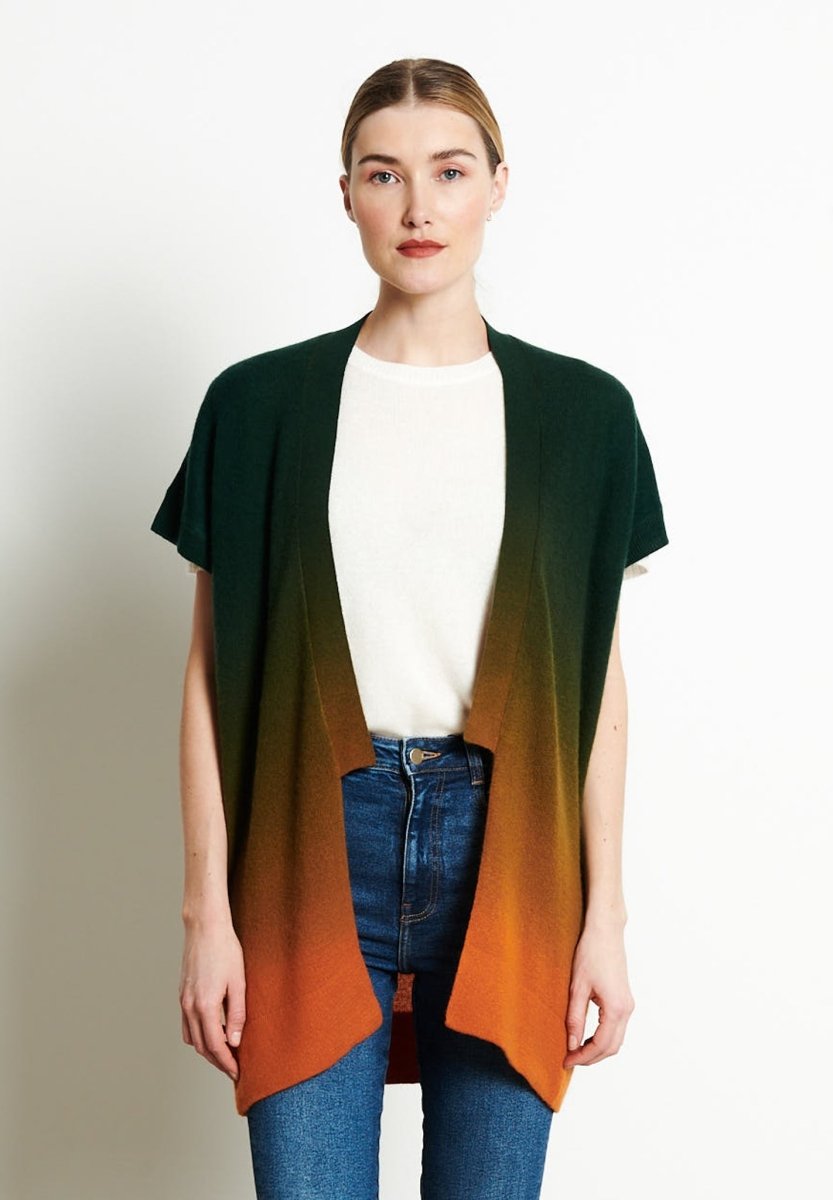 Gilet à manches courtes femme en cachemire déjaugé tye & dye orange & bleu - AVA 11A-0