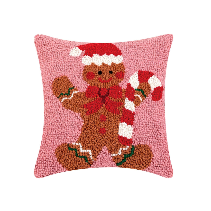 Gingerbread Man with Candycane Hook Pillow-Pillow-Peking Handicraft-10 x 10 x 1.6 in (25.4 x 25.4 x 4.1 cm)-Urbanheer