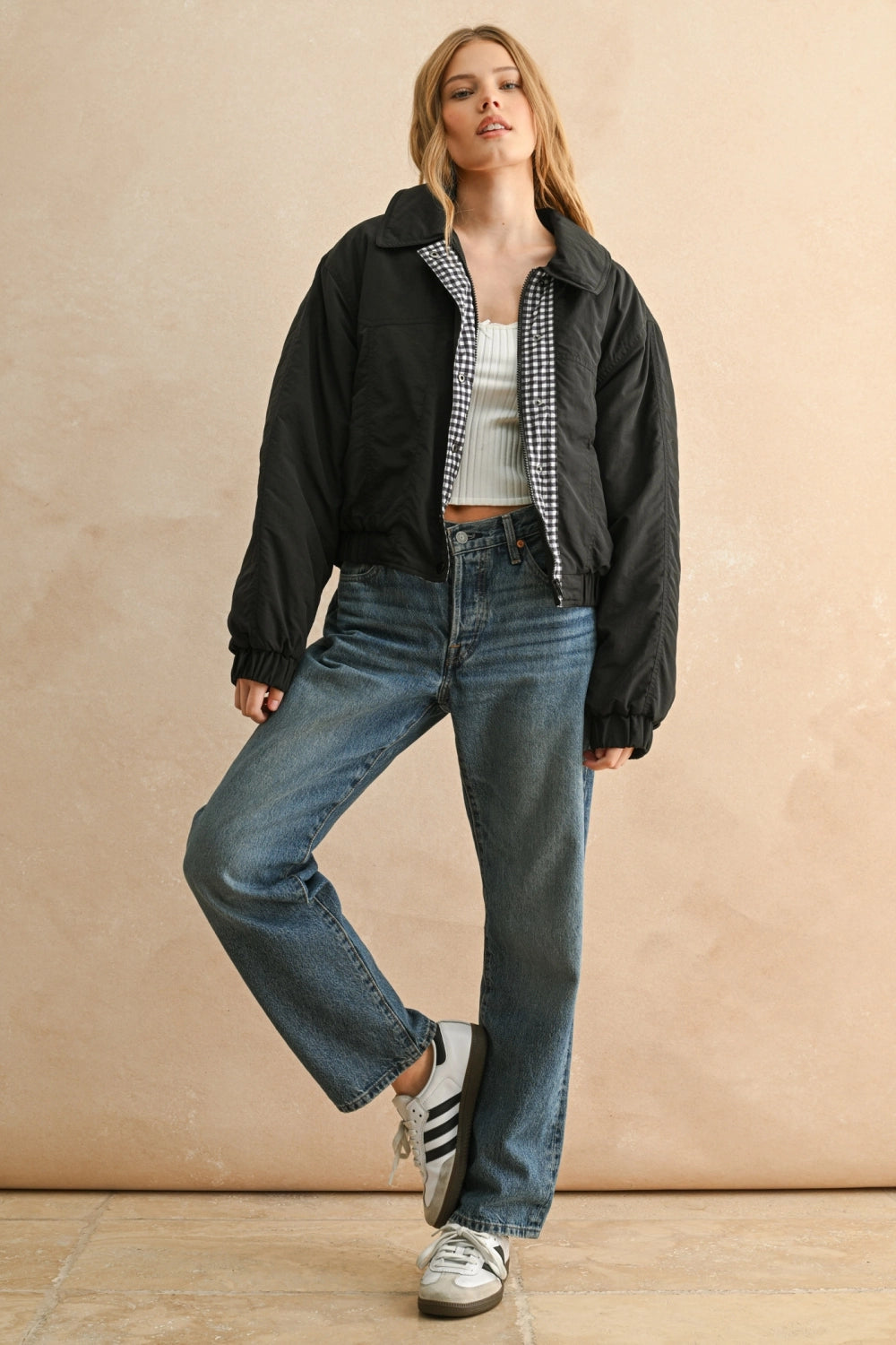 Gingham Contrasted Bomber Jacket in Black