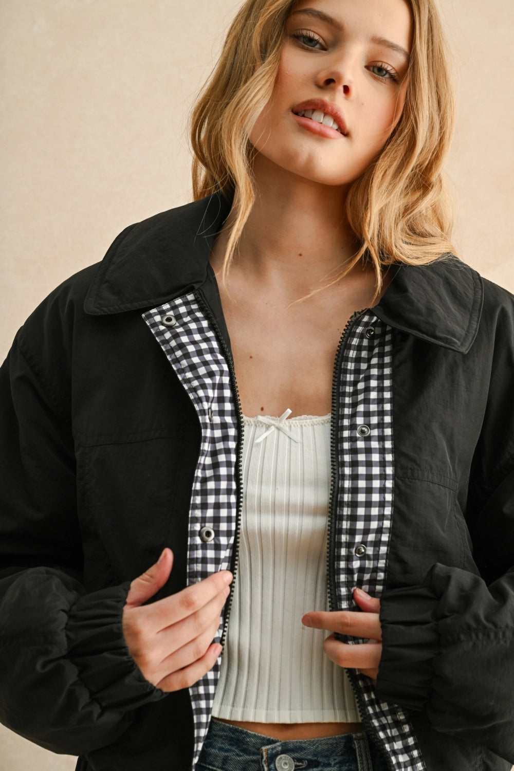 Gingham Contrasted Bomber Jacket in Black