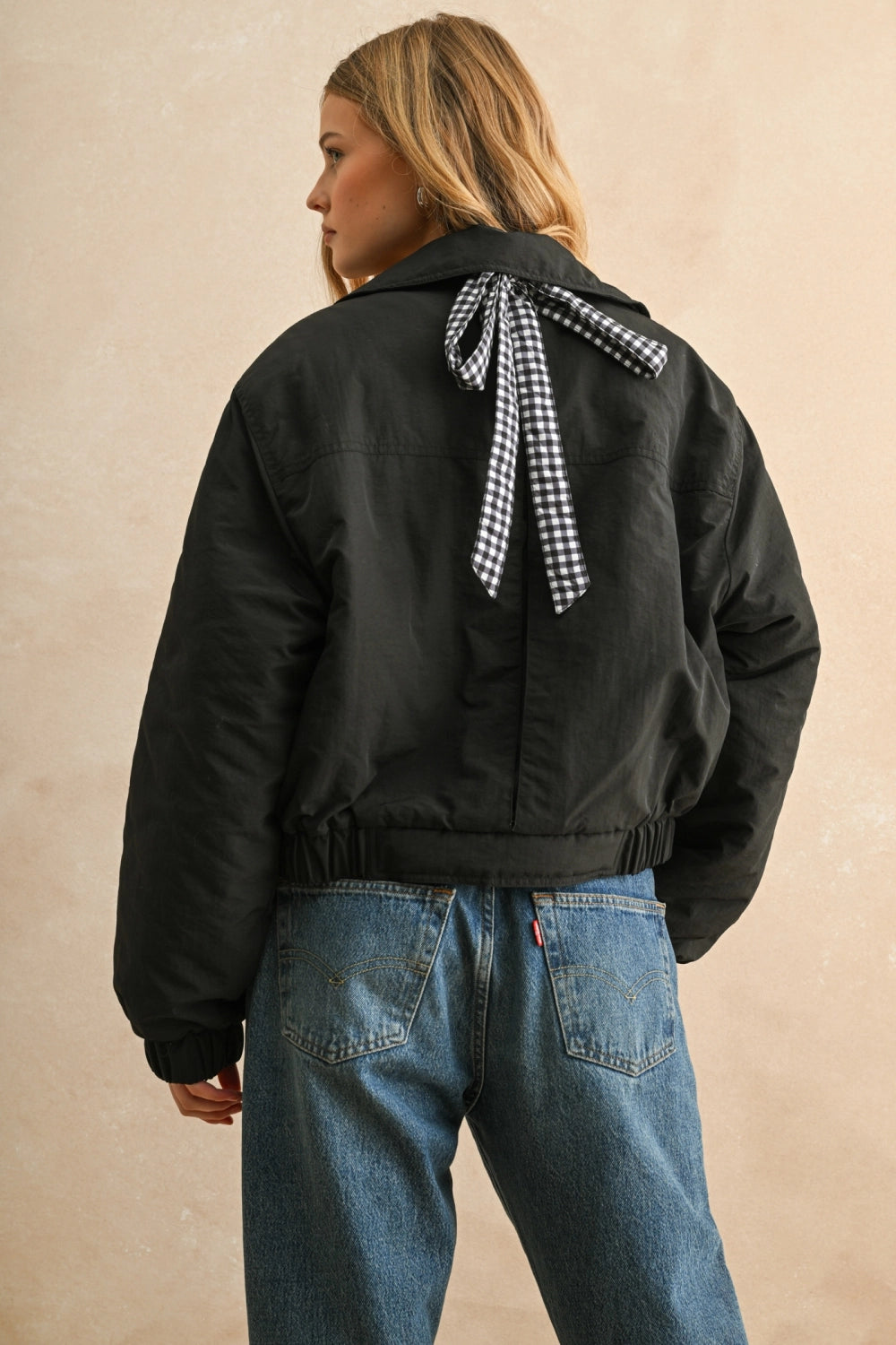 Gingham Contrasted Bomber Jacket in Black