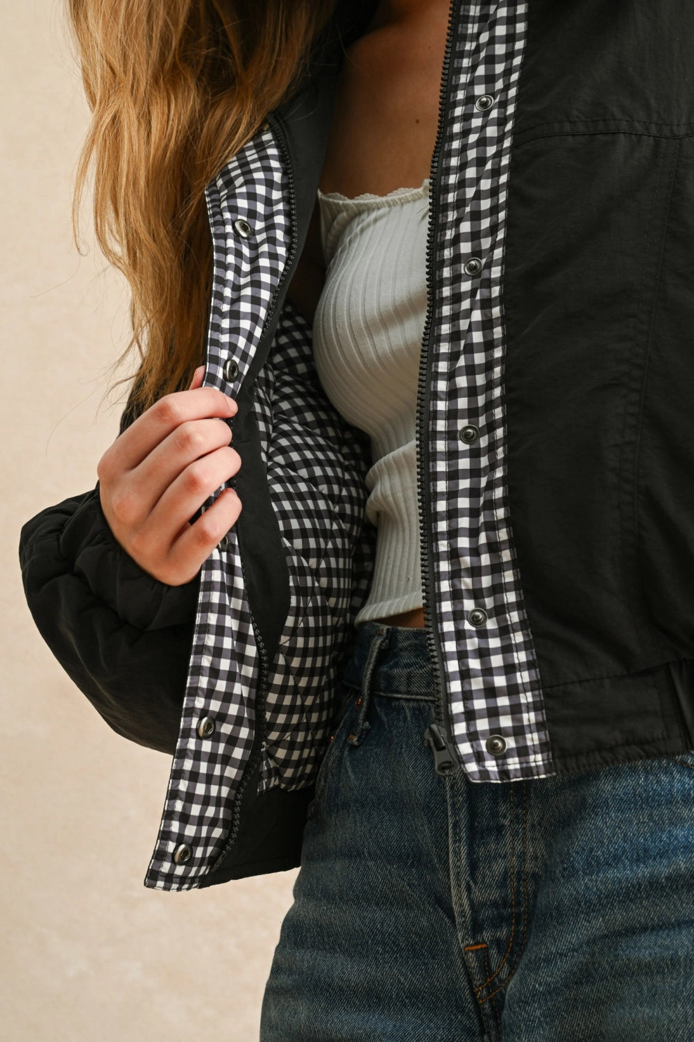 Gingham Contrasted Bomber Jacket in Black