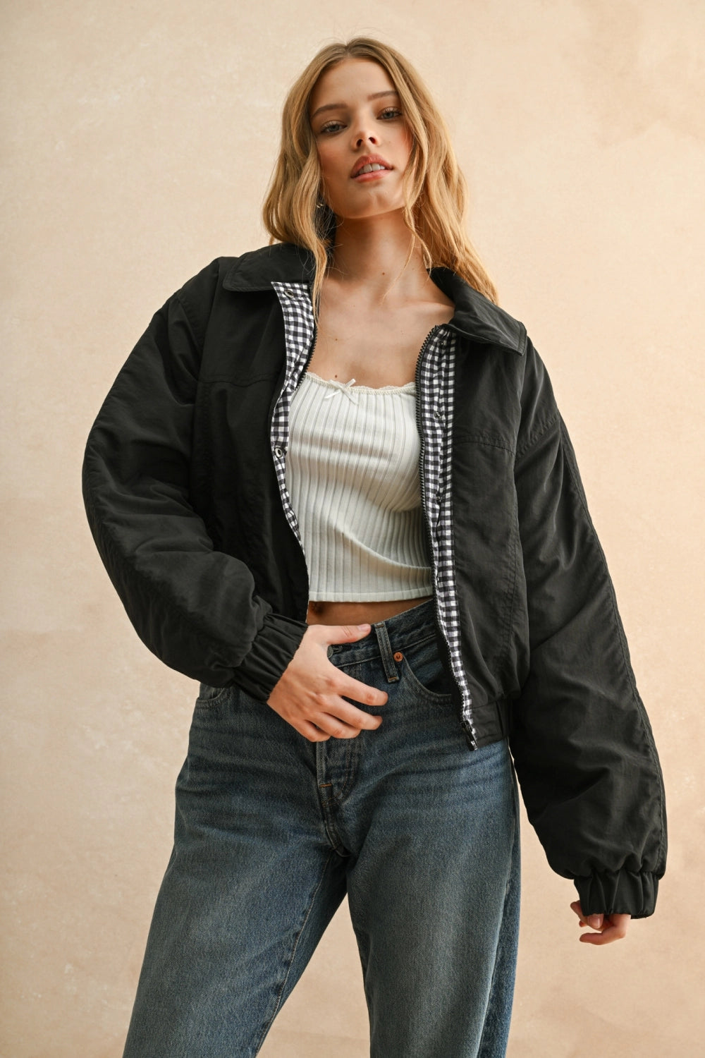 Gingham Contrasted Bomber Jacket in Black