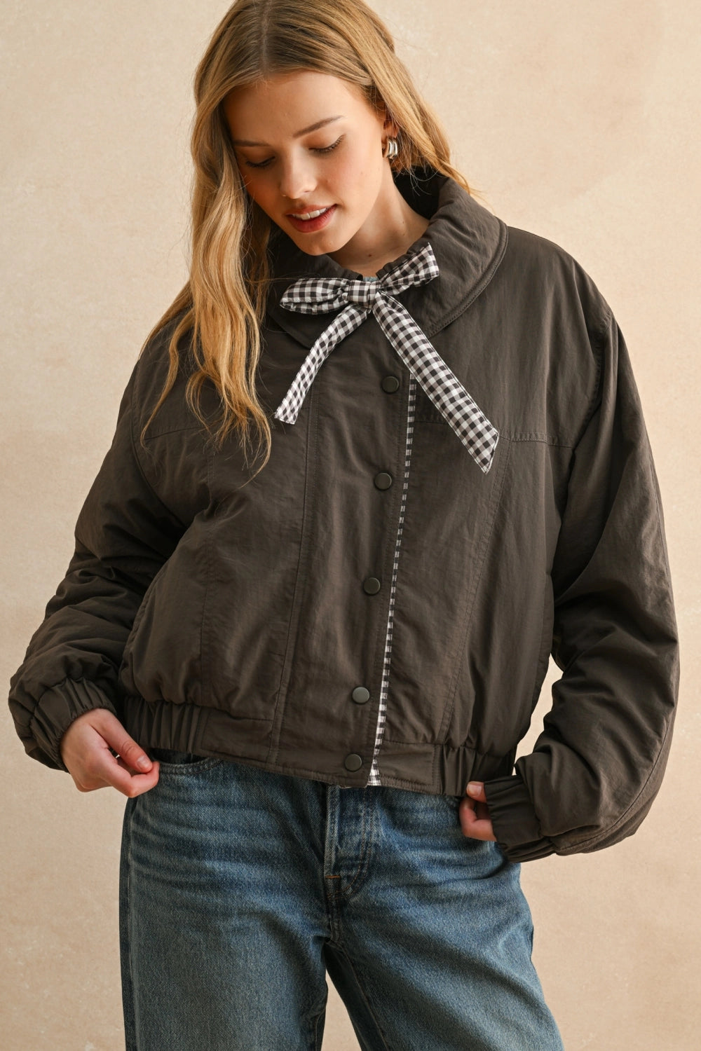 Gingham Contrasted Bomber Jacket in Mocha