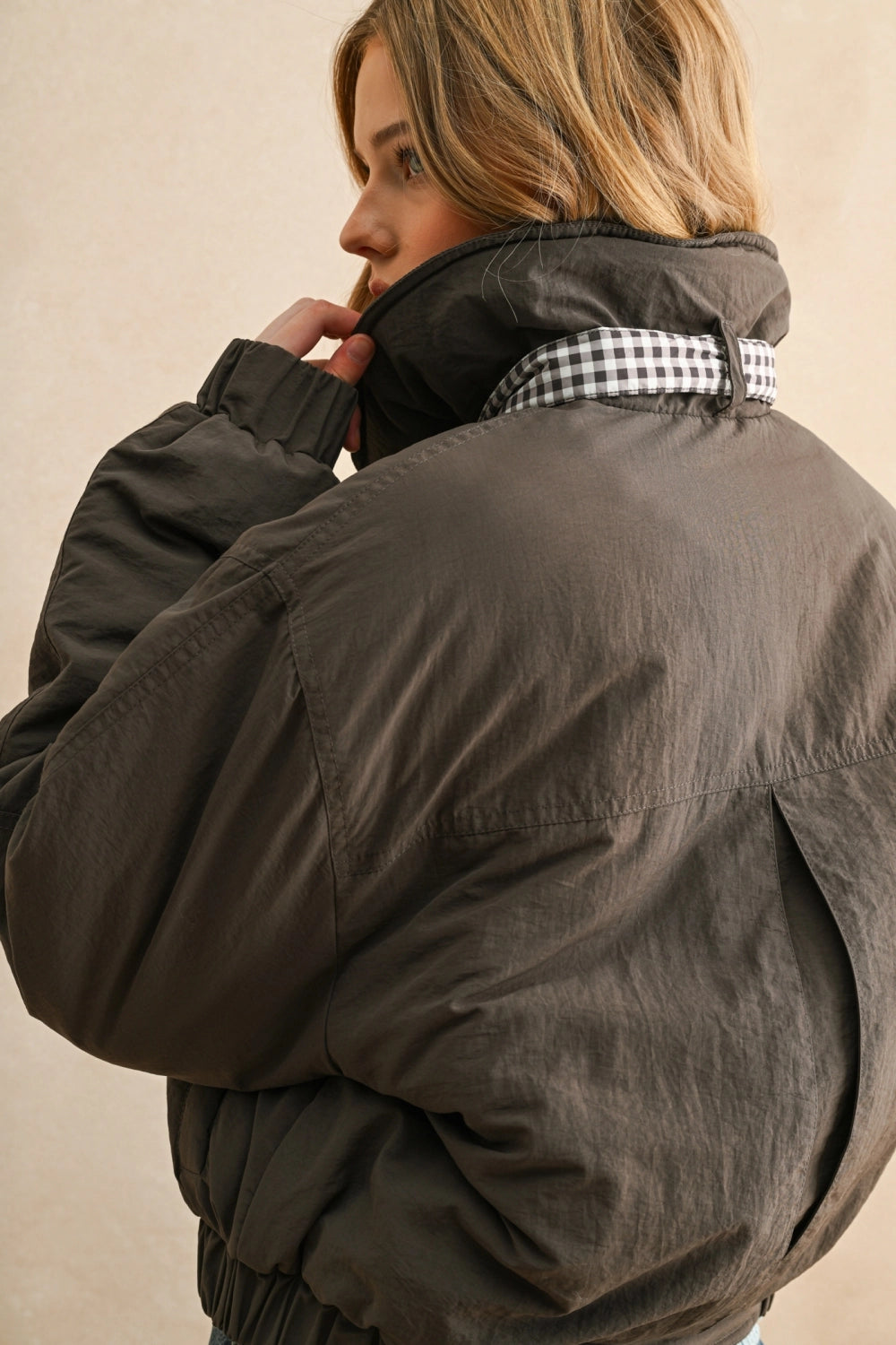 Gingham Contrasted Bomber Jacket in Mocha