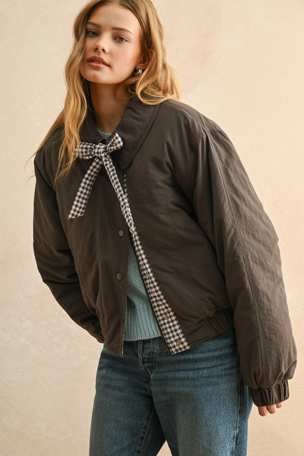 Gingham Contrasted Bomber Jacket in Mocha