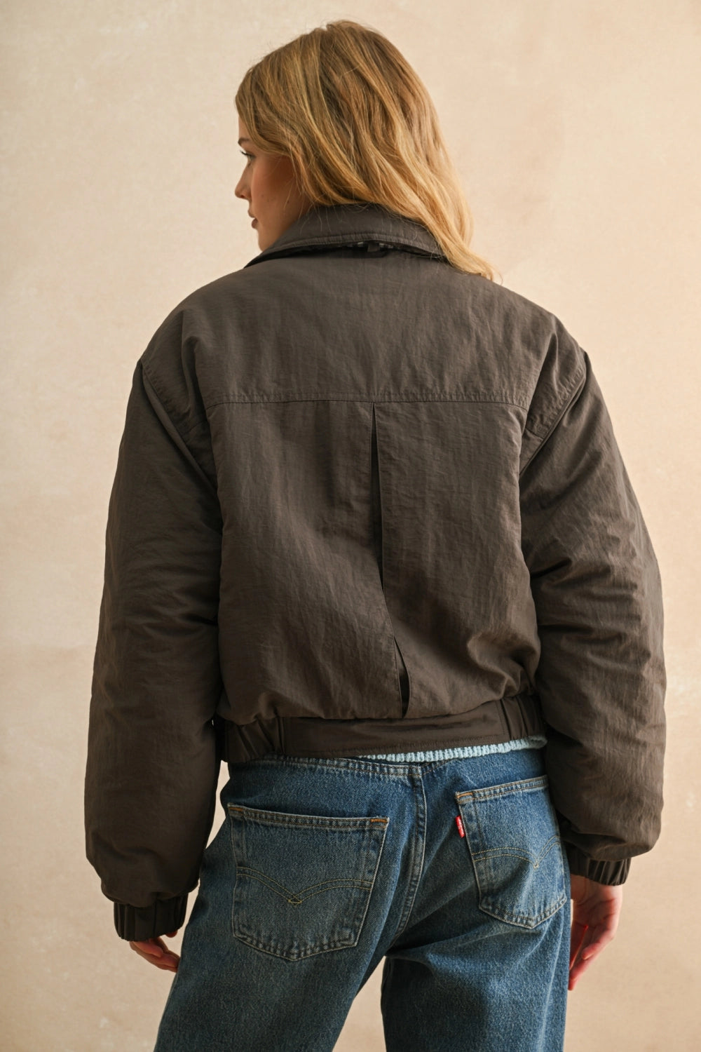 Gingham Contrasted Bomber Jacket in Mocha