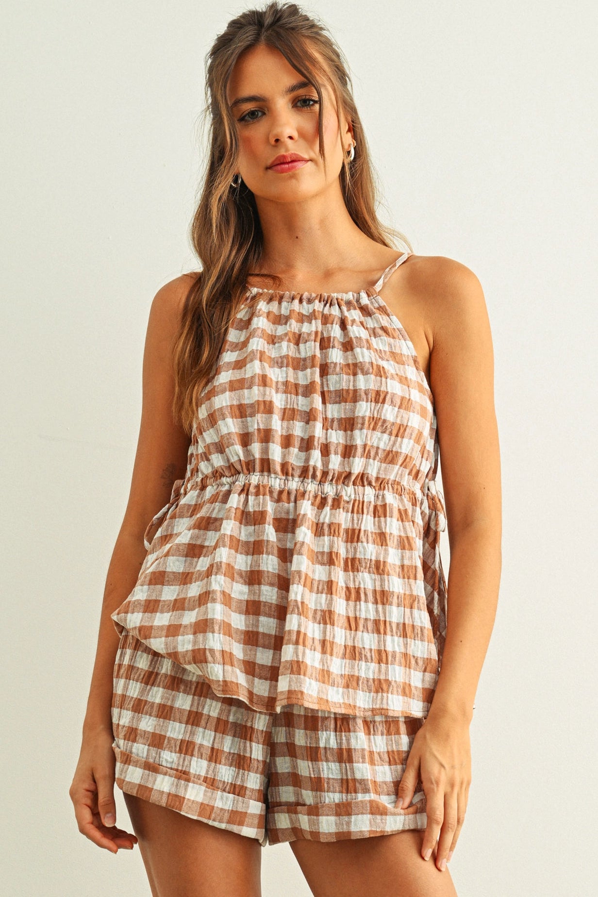 Gingham Fabric Shorts | Beige