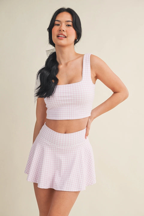 Gingham Print Crop Tank with Lace Trim