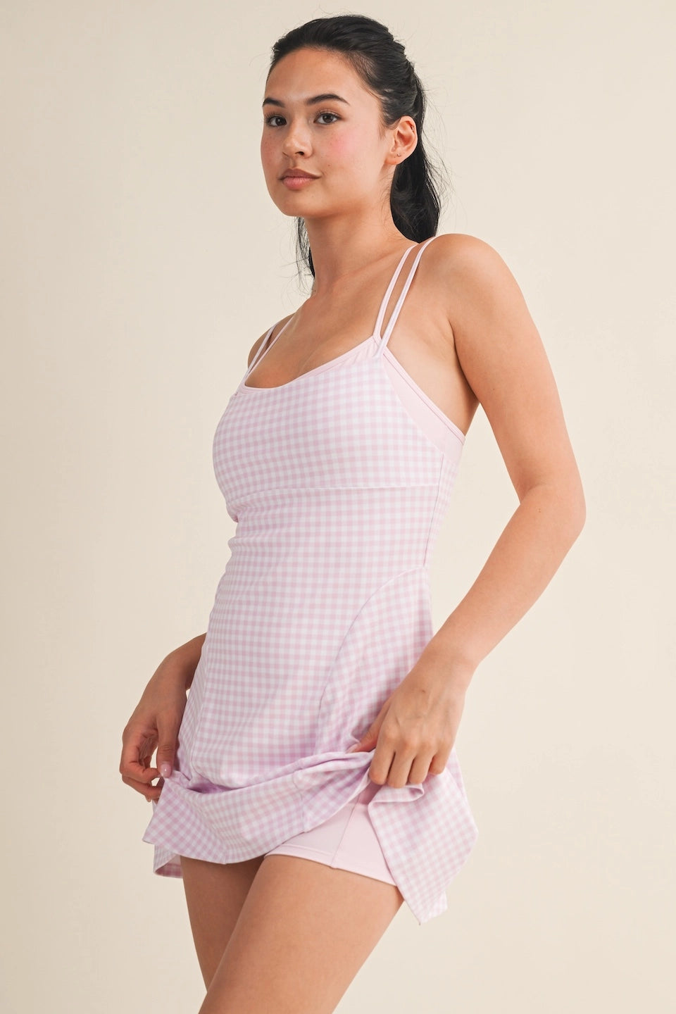 Gingham Print Double Layered Dress Pink