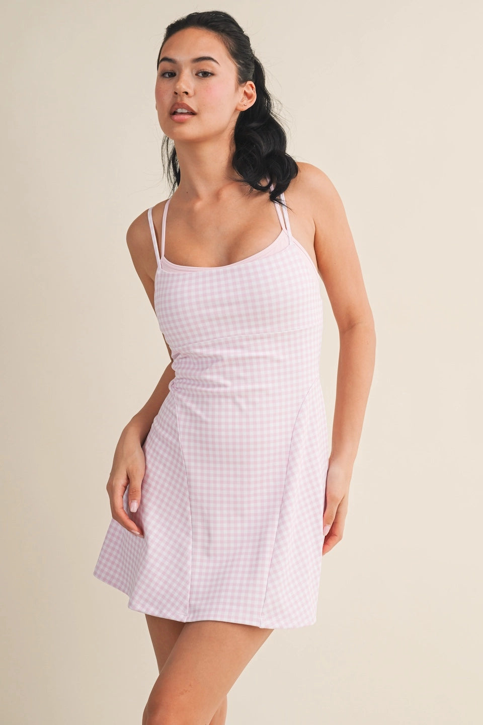 Gingham Print Double Layered Dress Pink