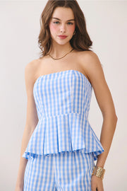 Gingham Print Flared Peplum Hem Tube Top