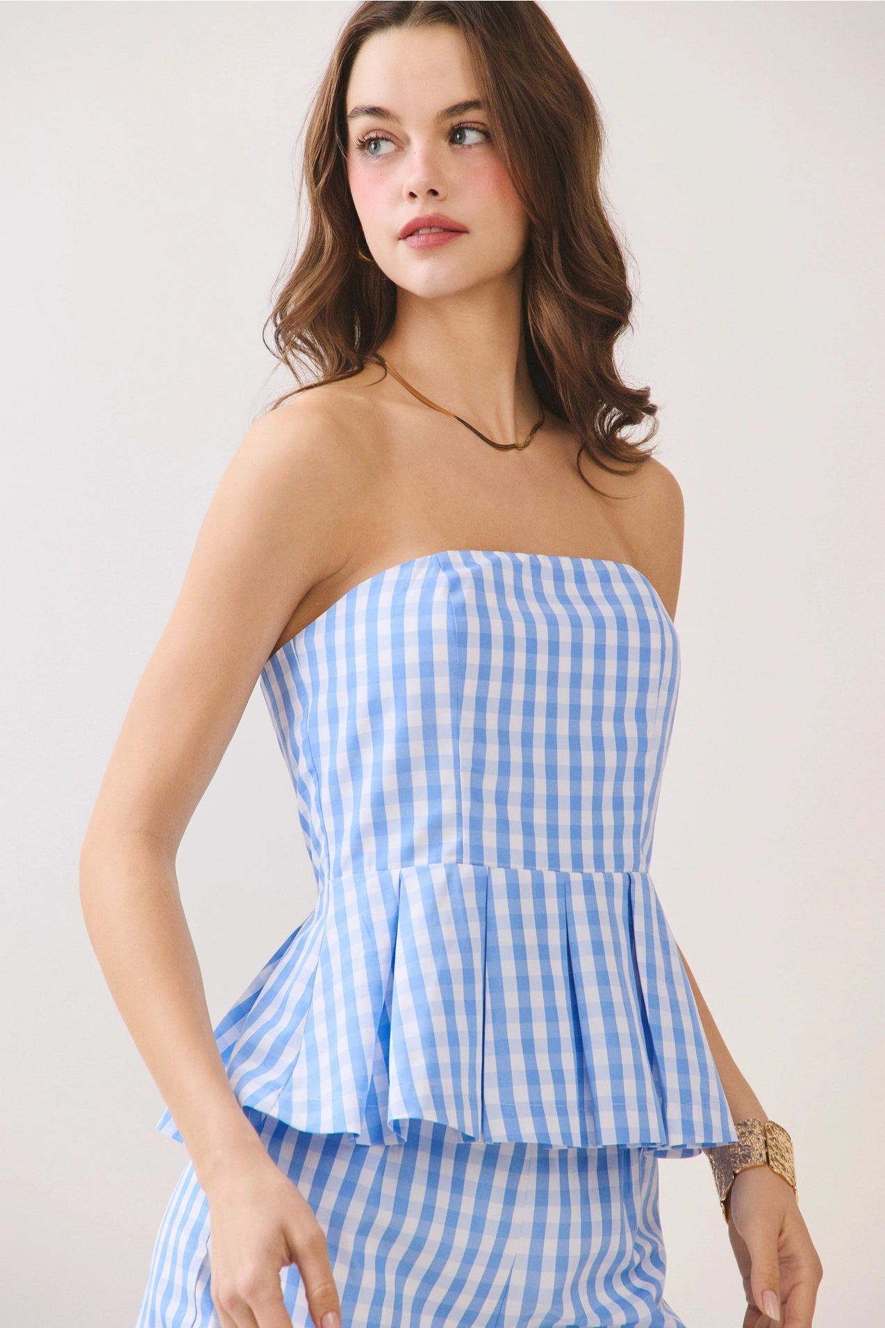 Gingham Print Flared Peplum Hem Tube Top
