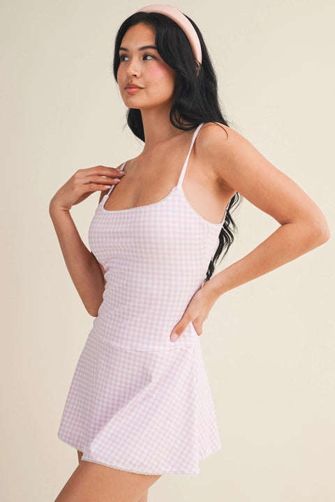 Gingham Print Lace Trim Ruffle Mini Dress