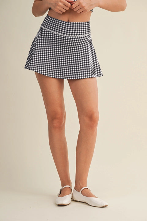 Gingham Print Mini Circle Skort with Bow Back and Lace Trim
