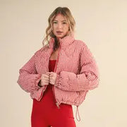 Gingham Print Puffer Jacket with Heart Shaped Quilting