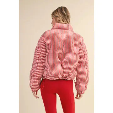 Gingham Print Puffer Jacket with Heart Shaped Quilting