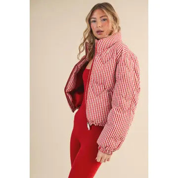 Gingham Print Puffer Jacket with Heart Shaped Quilting