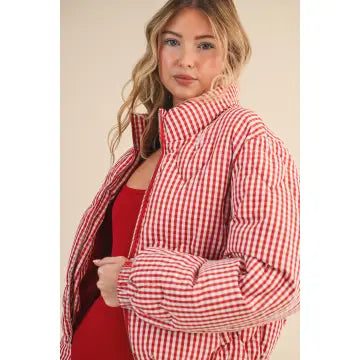 Gingham Print Puffer Jacket with Heart Shaped Quilting