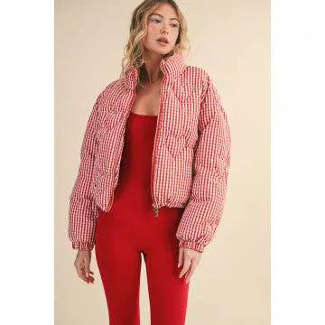 Gingham Print Puffer Jacket with Heart Shaped Quilting