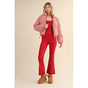 Gingham Print Puffer Jacket with Heart Shaped Quilting