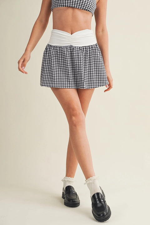 Gingham Print Ruched Waistband Mini Skort