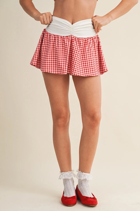 Gingham Print Ruched Waistband Mini Skort
