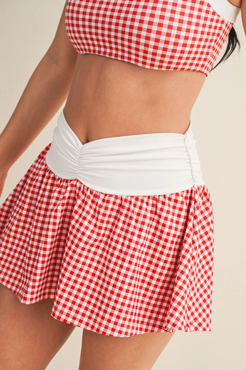 Gingham Print Ruched Waistband Mini Skort
