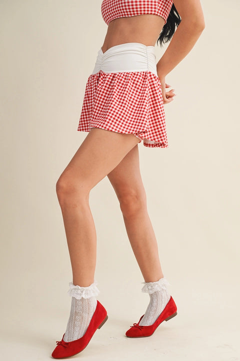 Gingham Print Ruched Waistband Mini Skort