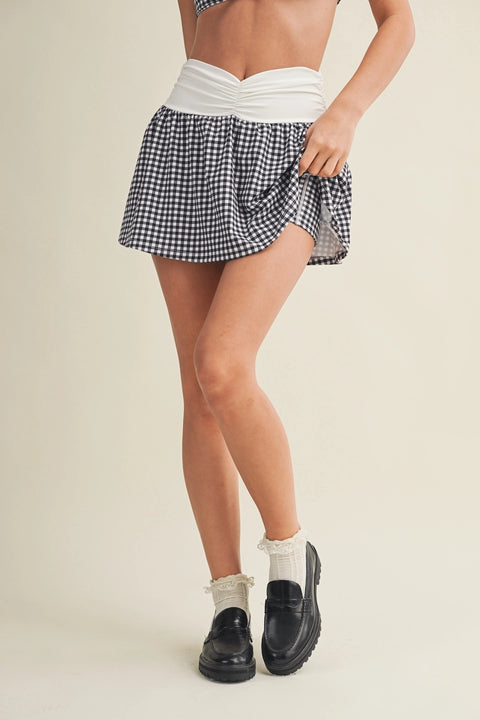 Gingham Print Ruched Waistband Mini Skort
