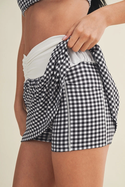 Gingham Print Ruched Waistband Mini Skort