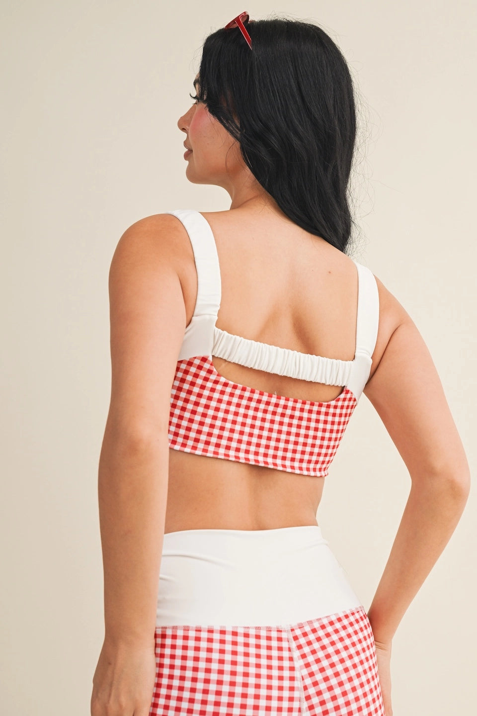 Gingham Print Scrunched Strap Sports Bra